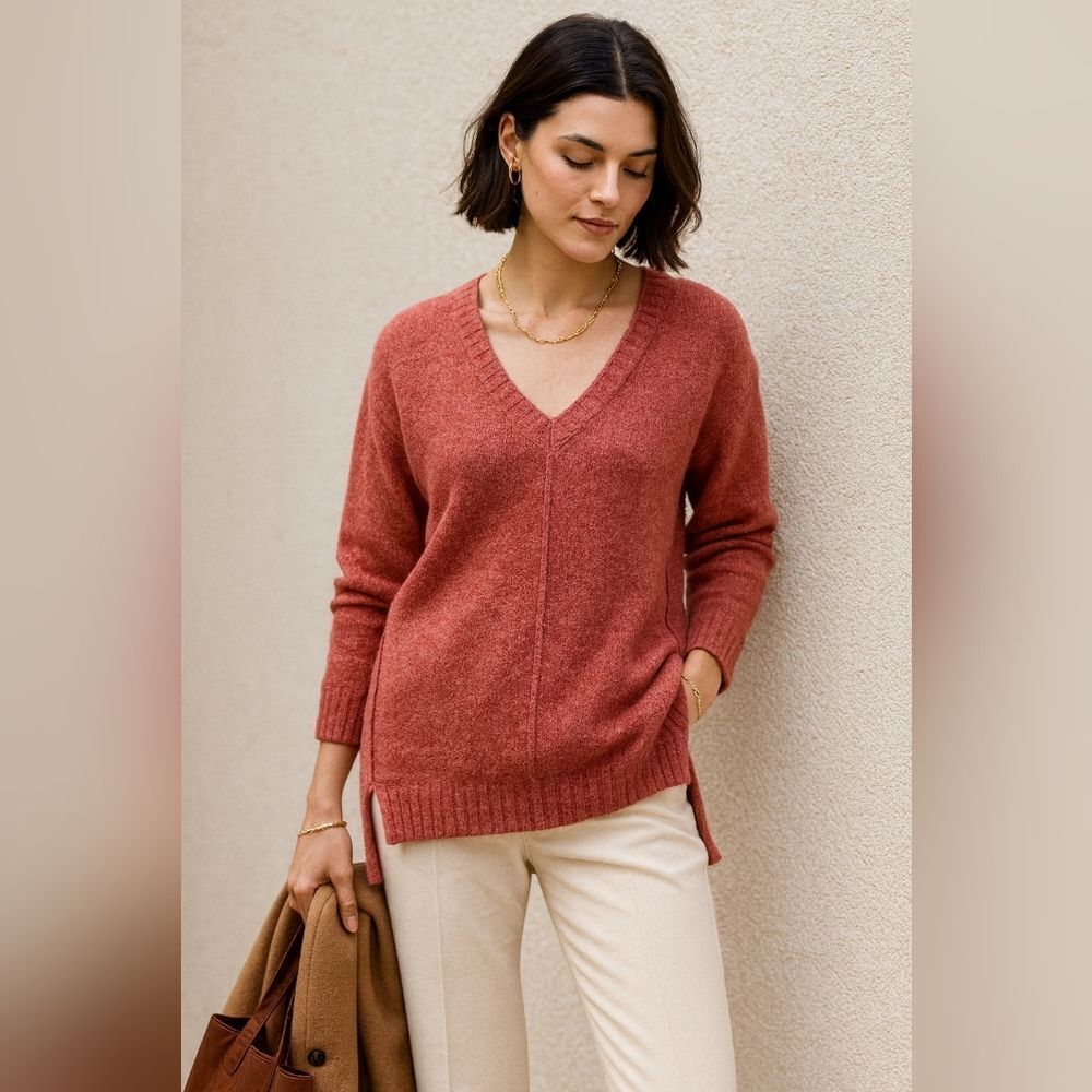 Wrap London 80% Lambswool V Neck Tunic Sweater Rust Pink Size 2 Quiet Luxury